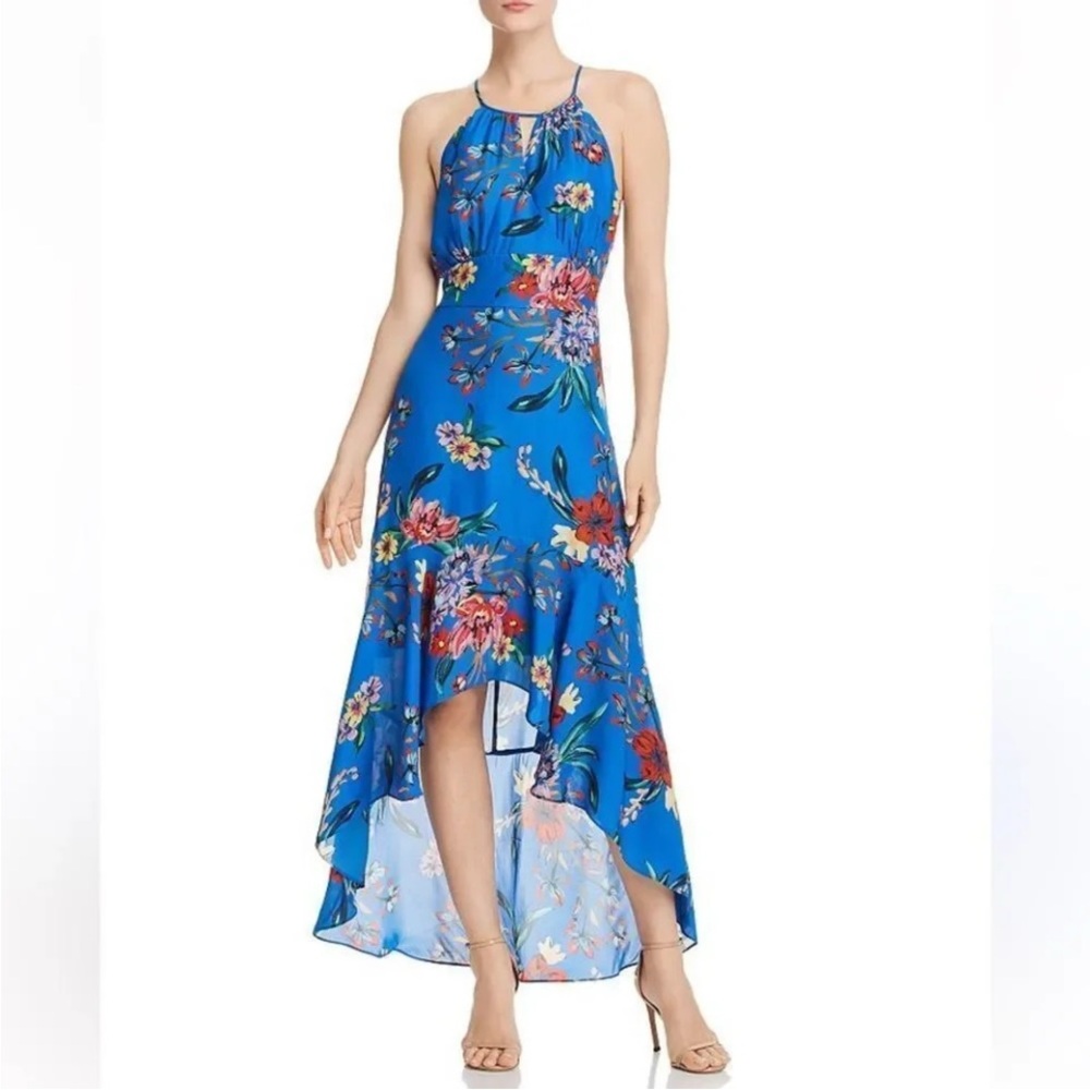 Parker Cobalt Blue Floral Print Halter High Low Maxi Dress Size 4 NWOT
